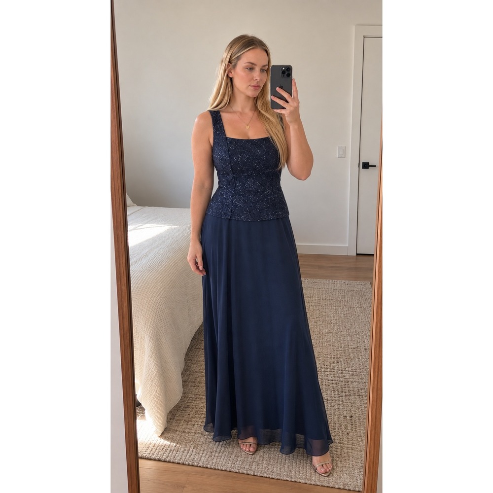 Alex Evenings Formal Maxi Dress 12 Navy Glitter Chiffon Classic Mother of Bride